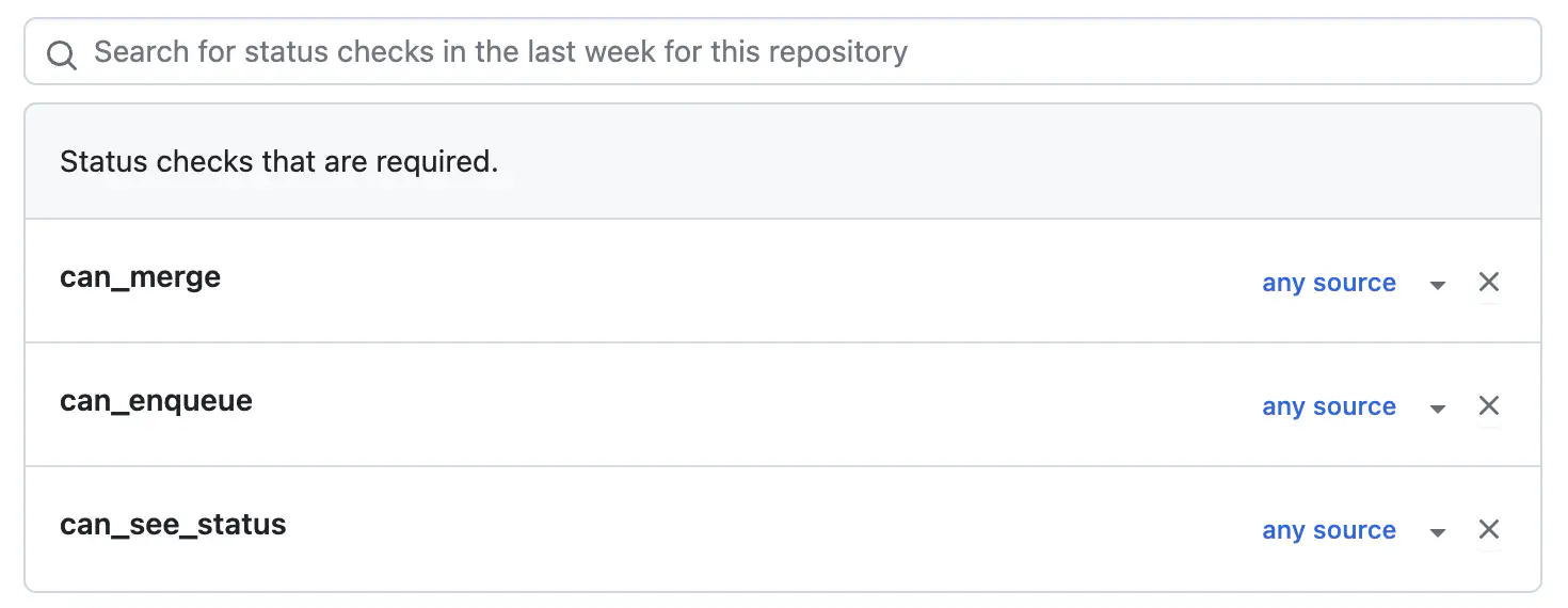 branch protection rule list of status checks that are required: can_enqueue, can_merge and can_see_status